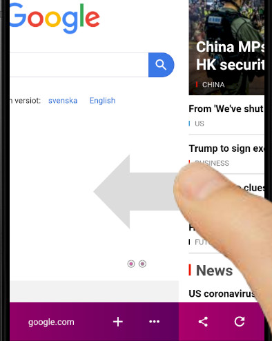 Picture of thumb swiping between tabs with one hand