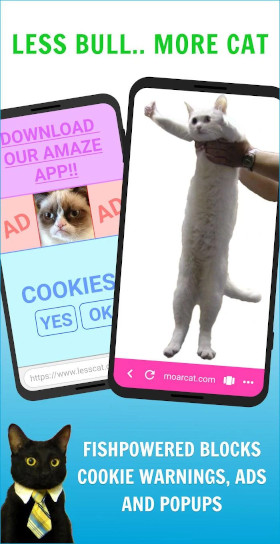 Less bull, more cat! Image showing a before image of a browser with a grumpy cat surrounded
					by ads and cookie warnings and an after image of a cat visible on the full screen holding two thumbs up. I couldn't find
					an image of a cat with two thumbs up like this so I had to cut out the thumb of a cat who was holding one thumb up and photoshop it
					on to both cats.